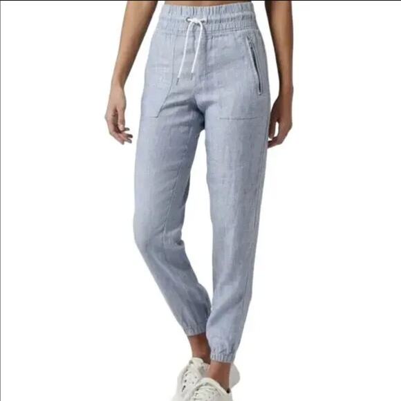 Athleta Cabo Linen Jogger Textured Pants High Waist Zip Ankle Pockets Blue 4 - Picture 1 of 6